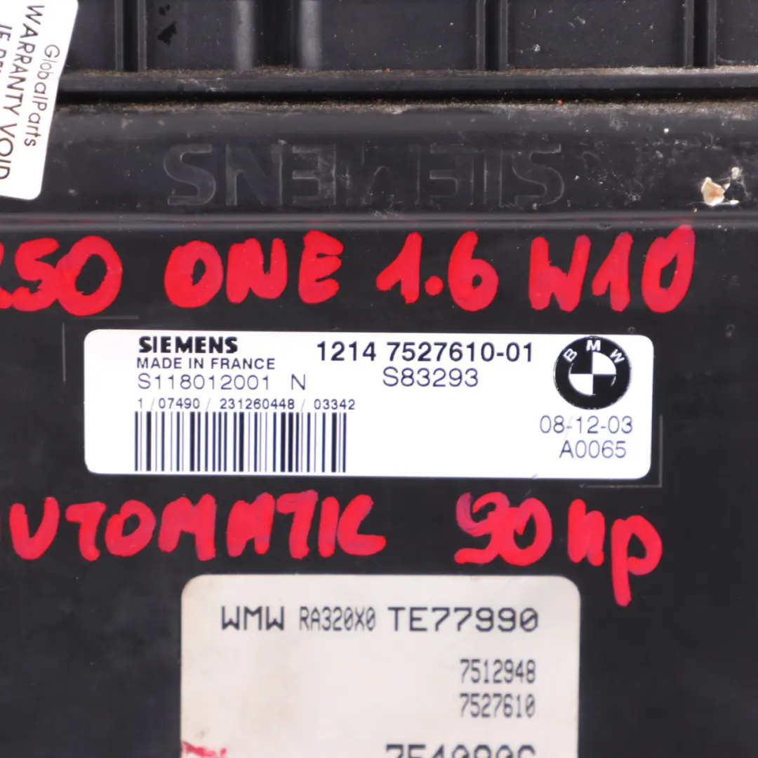 90HP Engine ECU Kit DME EWS Key Automatic to MINI One R50 1.6 W10 with Part number 7527610 MINI One R50 1.6 W10 90HP Engine ECU Kit DME EWS Key Automatic - SKU 7527610-8 - Part number 7527610