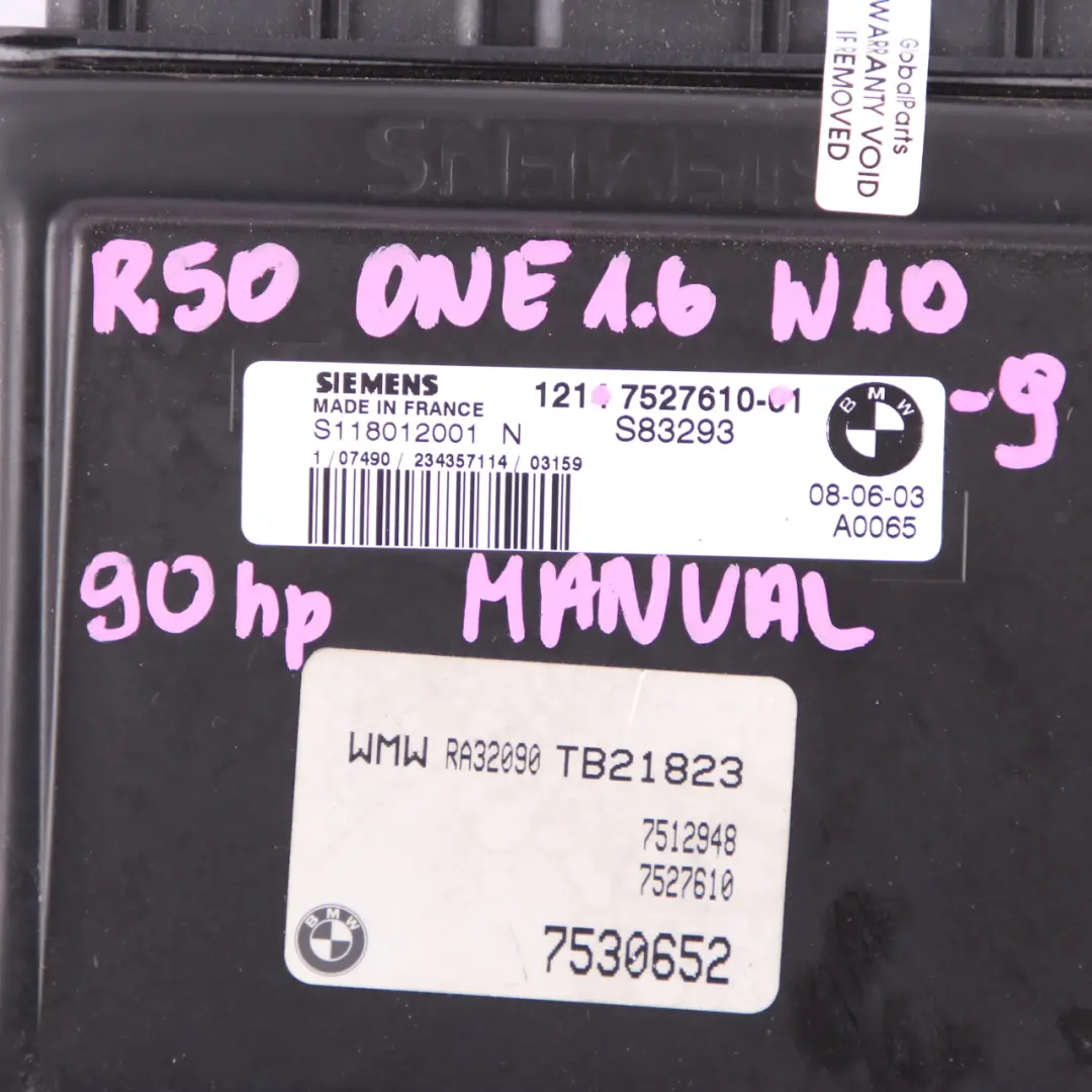 90HP Engine ECU Kit DME + EWS + Keys Manual to MINI One R50 Engine W10 1.6 with Part number 7527610 MINI One R50 Engine W10 1.6 90HP Engine ECU Kit DME + EWS + Keys Manual - SKU 7527610-9 - Part number 7527610
