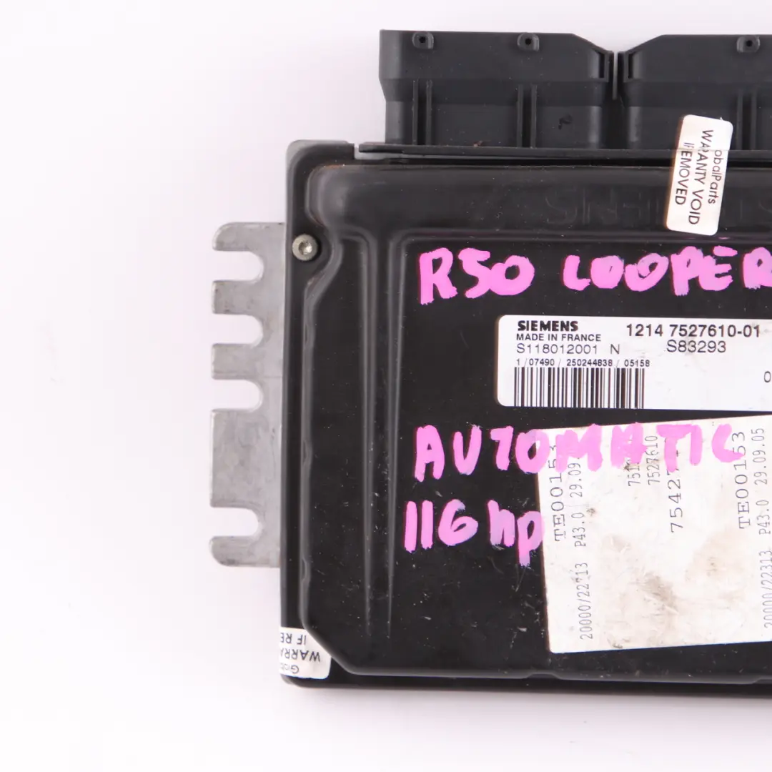 116HP Petrol Engine Control Unit ECU DME Automatic to Mini Cooper R50 W10 with Part number 7527610 Mini Cooper R50 W10 116HP Petrol Engine Control Unit ECU DME Automatic - SKU 7527610 - Part number 7527610