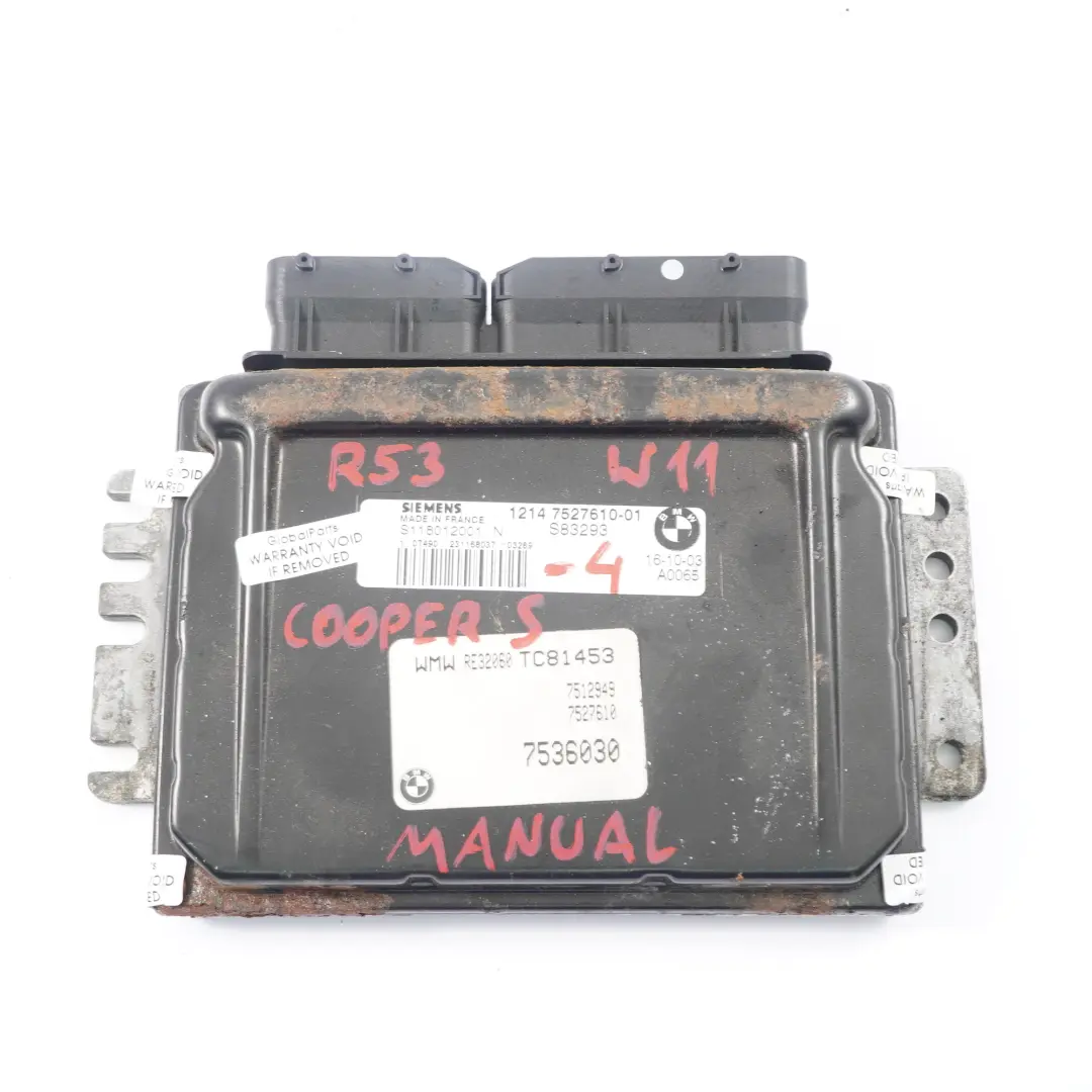 116HP Gasolina Motor Unidad De Control ECU DME Automatico para Mini R50 W10 con número de pieza 7527610 Mini R50 W10 116HP Gasolina Motor Unidad De Control ECU DME Automatico - SKU 7527610 - Número de pieza 7527610