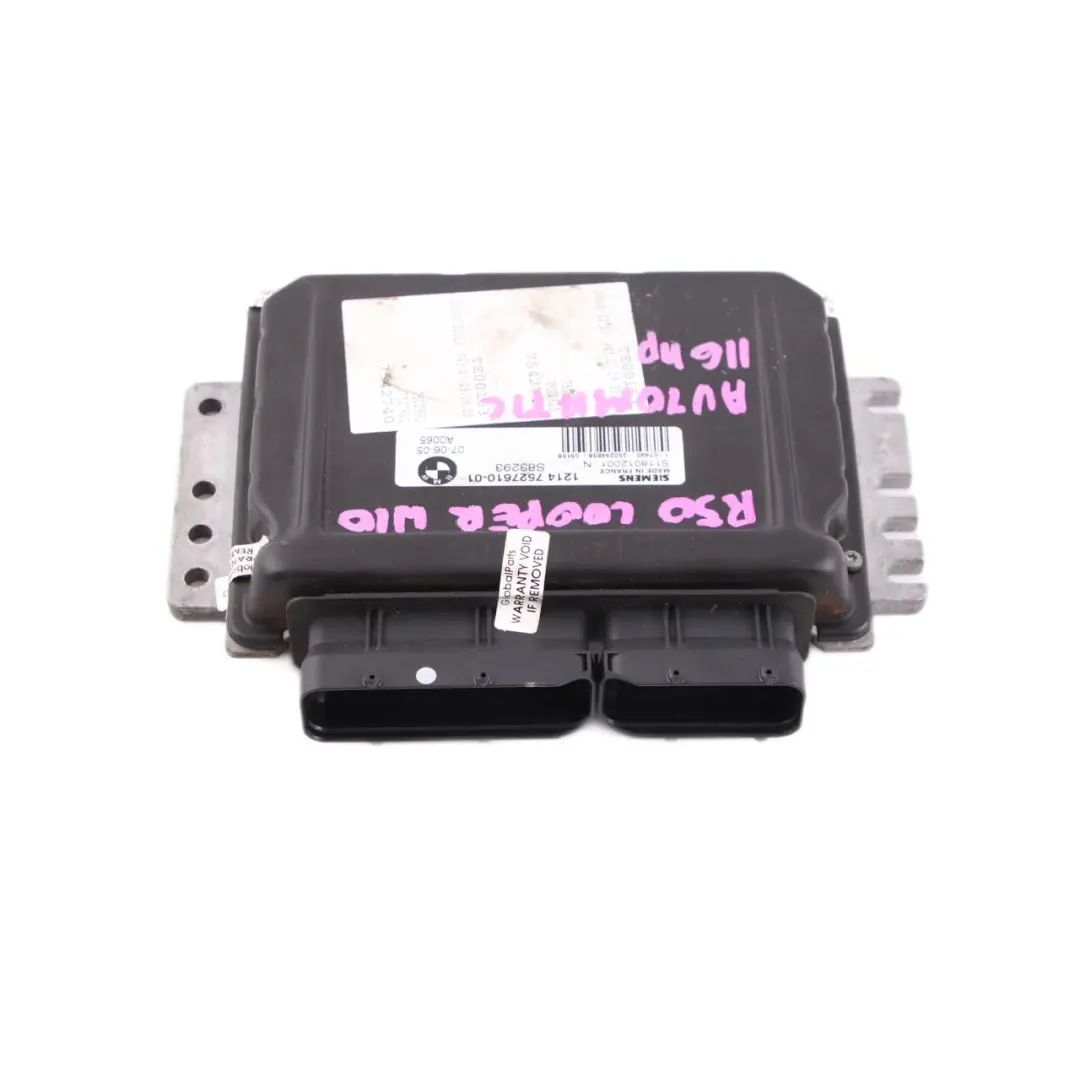 116HP Petrol Engine Control Unit ECU DME Automatic to Mini Cooper R50 W10 with Part number 7527610 Mini Cooper R50 W10 116HP Petrol Engine Control Unit ECU DME Automatic - SKU 7527610 - Part number 7527610