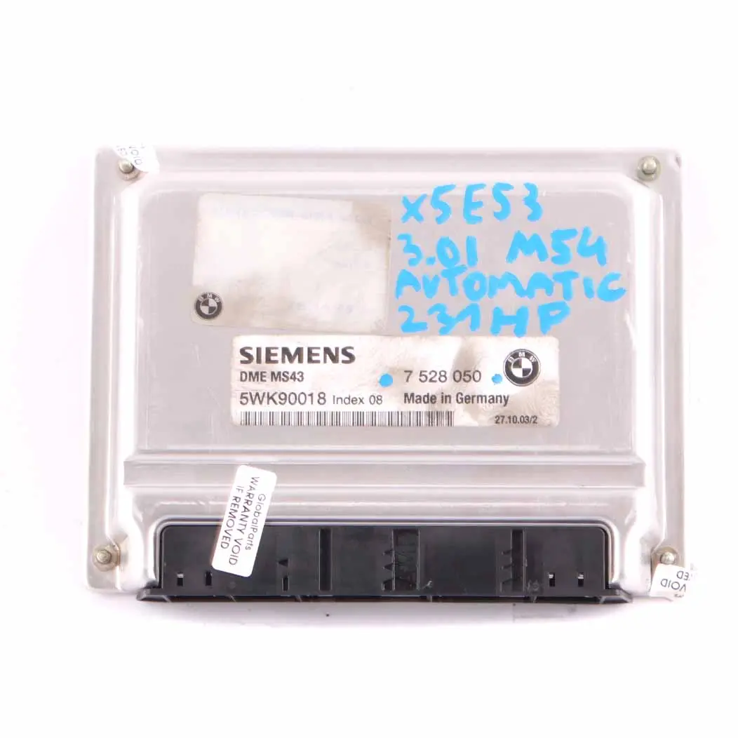 M54 231HP Engine Control Module Unit ECU DME Automatic to BMW X5 E53 3.0i with Part number 7528050 BMW X5 E53 3.0i M54 231HP Engine Control Module Unit ECU DME Automatic - SKU 7528050 - Part number 7528050