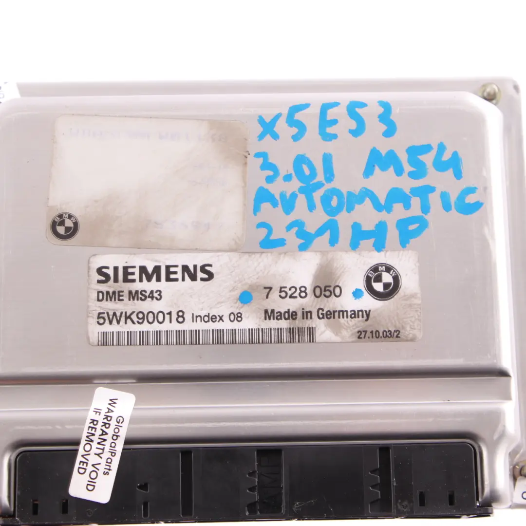 M54 231HP Engine Control Module Unit ECU DME Automatic to BMW X5 E53 3.0i with Part number 7528050 BMW X5 E53 3.0i M54 231HP Engine Control Module Unit ECU DME Automatic - SKU 7528050 - Part number 7528050