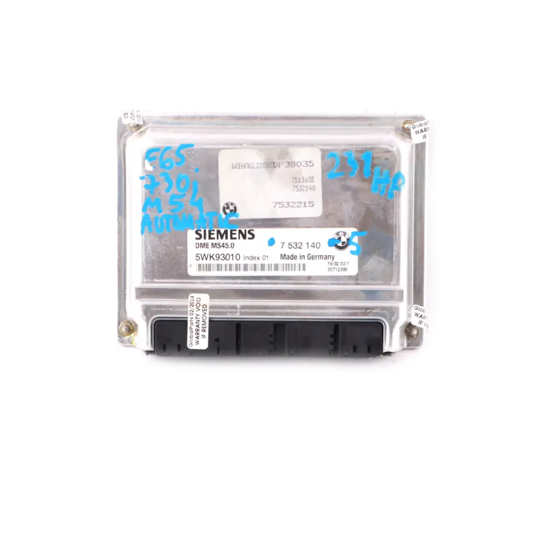 730i M54 231HP Engine Control Unit Module ECU DME Automatic to BMW E65 with Part number 7532140 BMW E65 730i M54 231HP Engine Control Unit Module ECU DME Automatic - SKU 7532140-5 - Part number 7532140