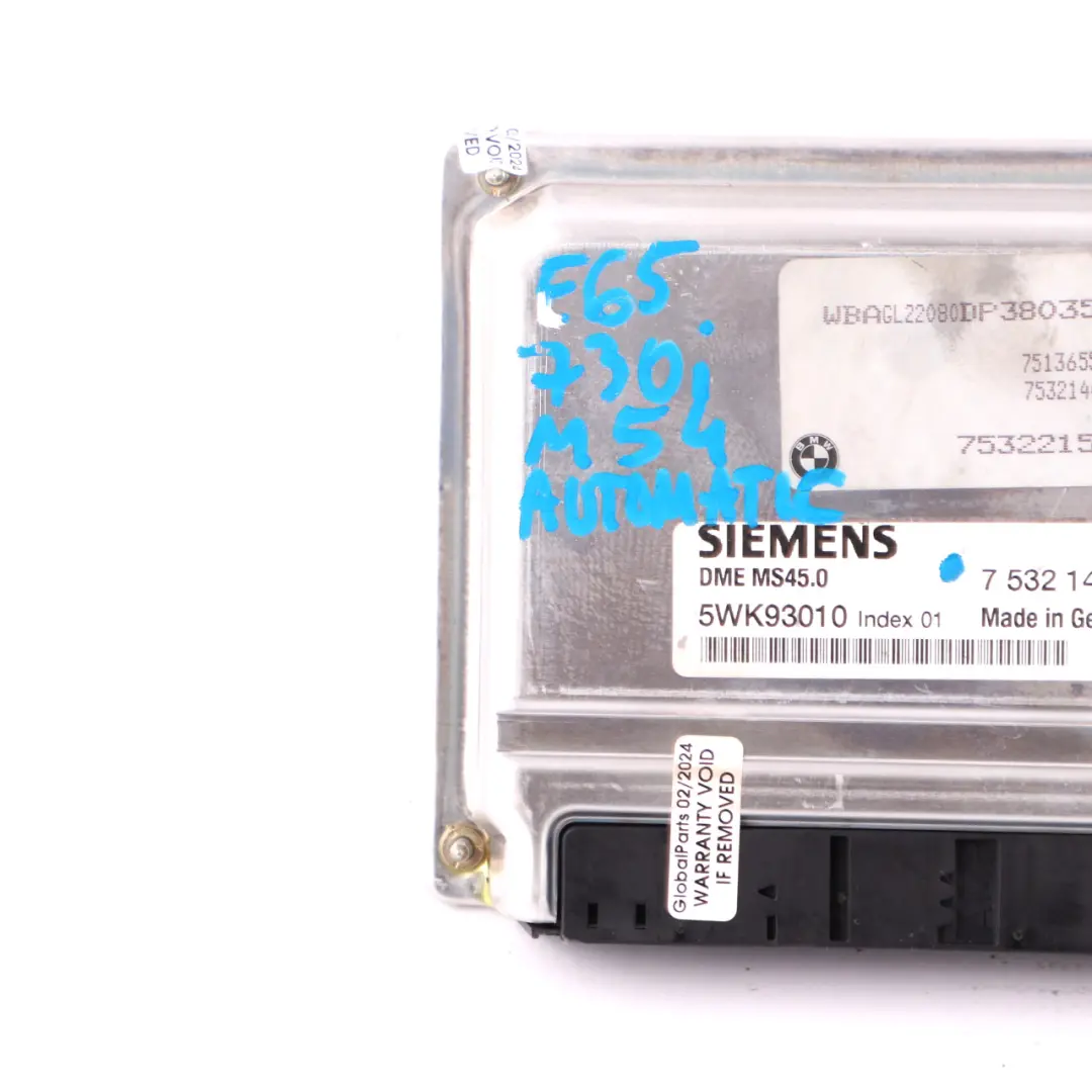 730i M54 231HP Engine Control Unit Module ECU DME Automatic to BMW E65 with Part number 7532140 BMW E65 730i M54 231HP Engine Control Unit Module ECU DME Automatic - SKU 7532140-5 - Part number 7532140