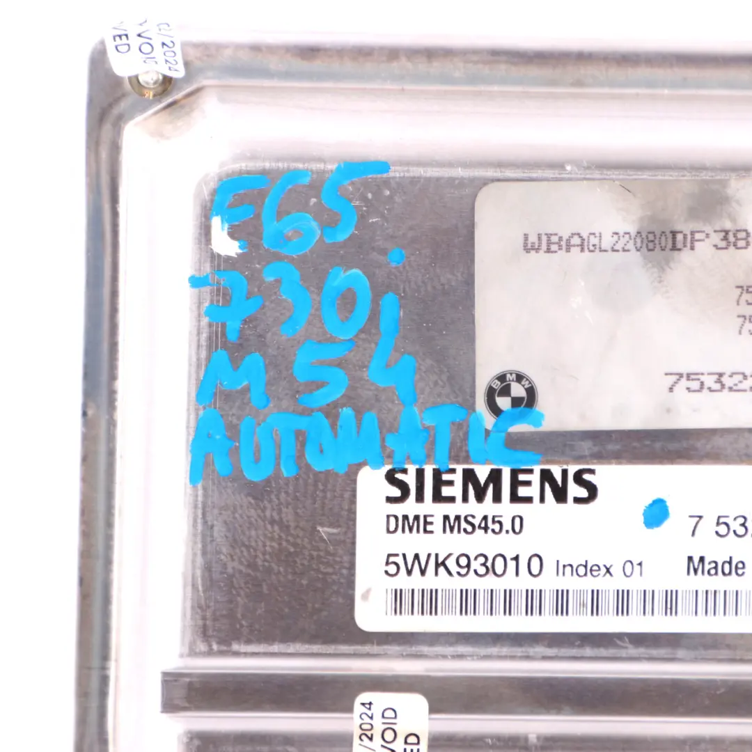730i M54 231HP Engine Control Unit Module ECU DME Automatic to BMW E65 with Part number 7532140 BMW E65 730i M54 231HP Engine Control Unit Module ECU DME Automatic - SKU 7532140-5 - Part number 7532140