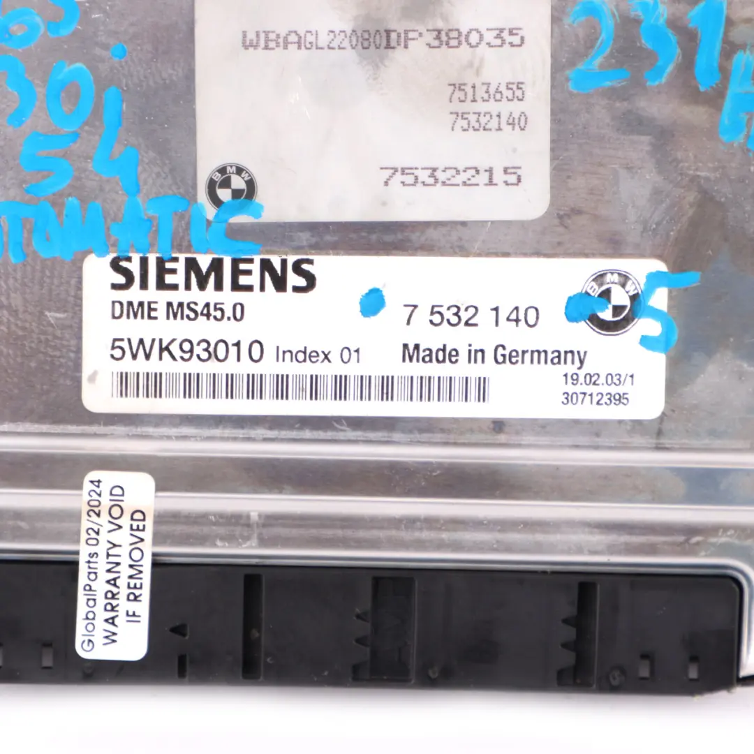 730i M54 231HP Engine Control Unit Module ECU DME Automatic to BMW E65 with Part number 7532140 BMW E65 730i M54 231HP Engine Control Unit Module ECU DME Automatic - SKU 7532140-5 - Part number 7532140
