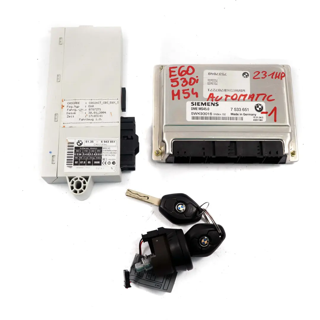 M54 231PS ECU Kit Steuergerät DME CAS2 Schlüssel Automatik für BMW E60 530i mit Teilenummer 7533651 BMW E60 530i M54 231PS ECU Kit Steuergerät DME CAS2 Schlüssel Automatik - SKU 7533651-1 - Teilenummer 7533651
