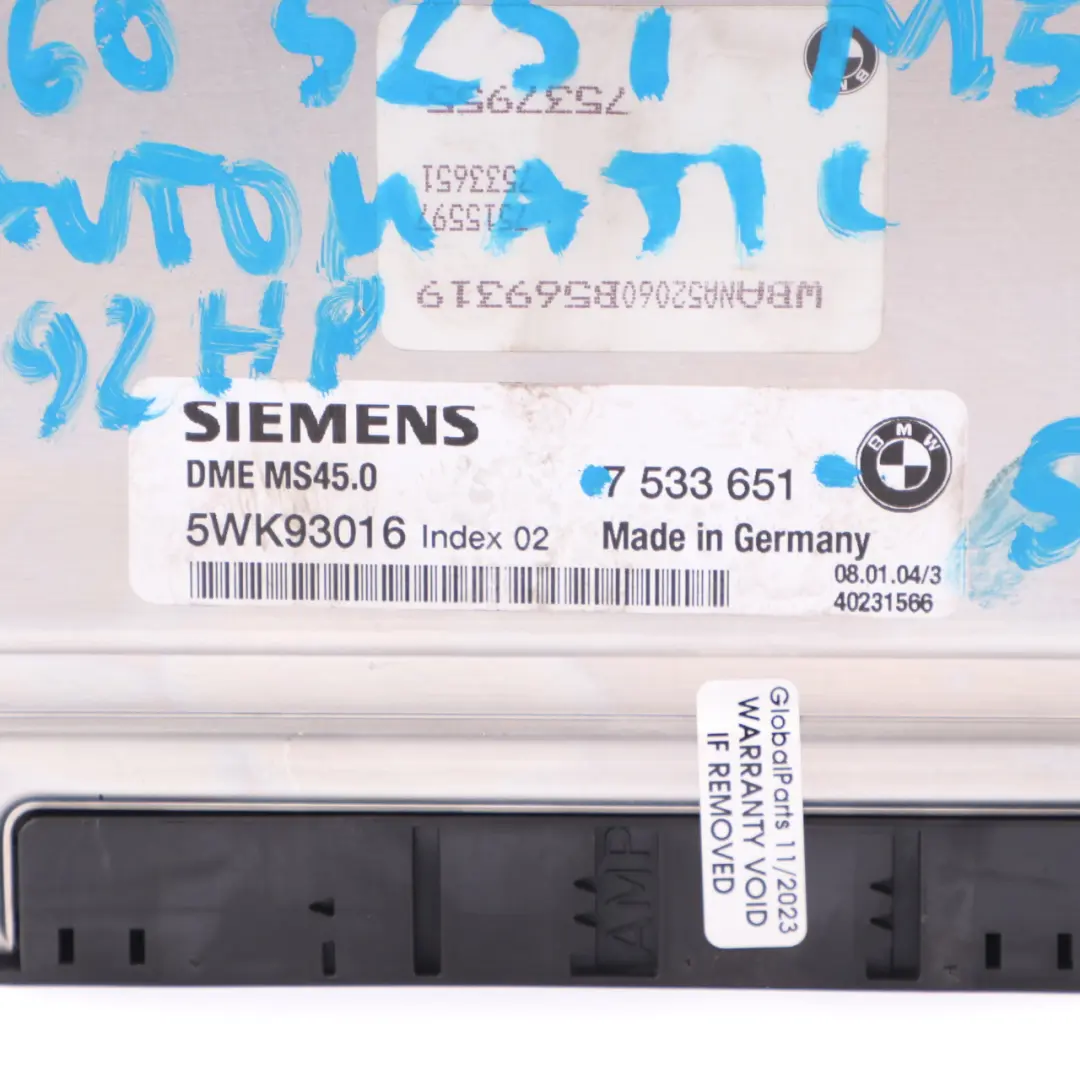 M54 192HP ECU Engine Control Unit Module DME Automatic to BMW E60 525i with Part number 7533651 BMW E60 525i M54 192HP ECU Engine Control Unit Module DME Automatic - SKU 7533651-5 - Part number 7533651