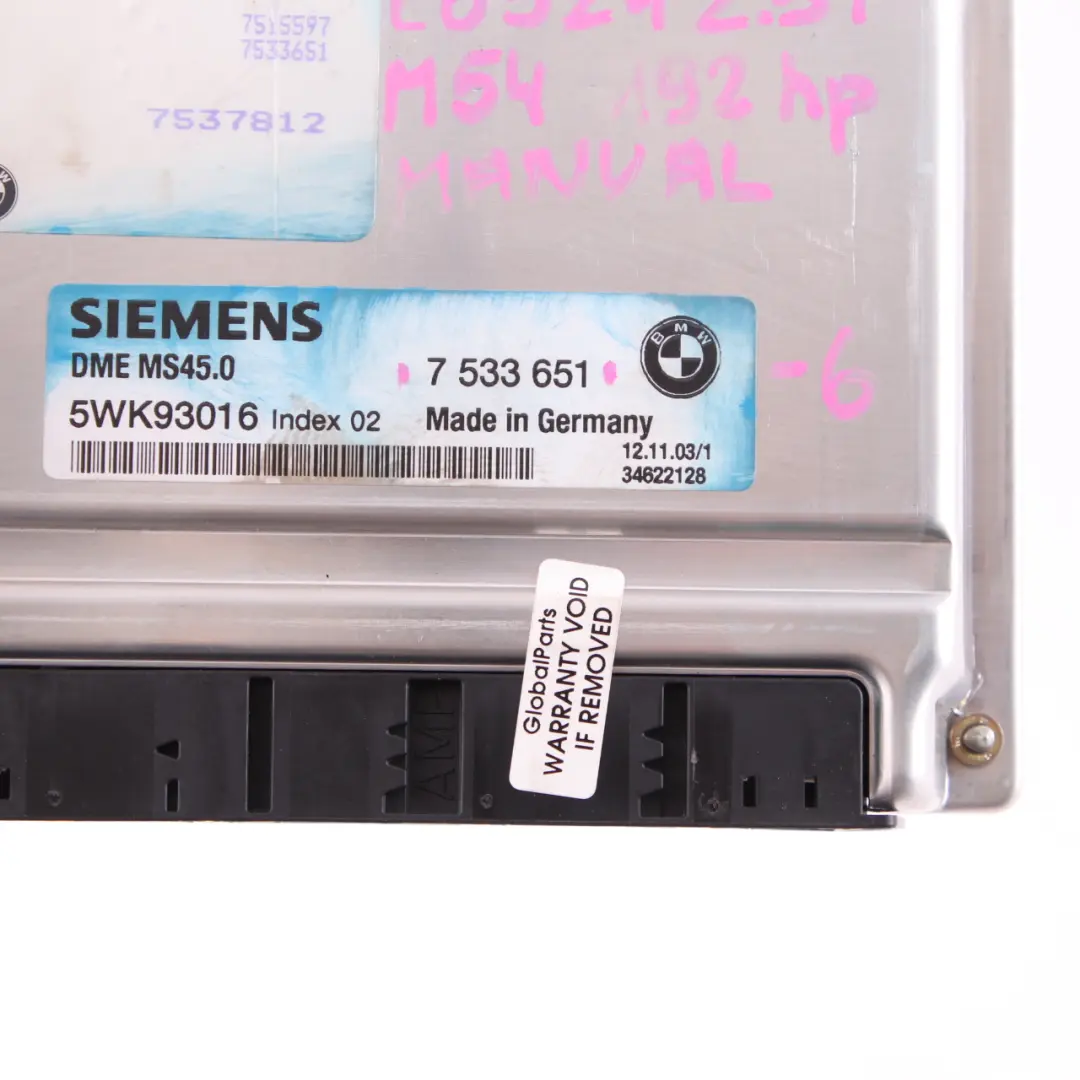 BMW Z4 E85 2.5i M54 192HP ECU Engine Control Kit DME + EWS3 + Key Manual - SKU 7533651-6 - Part number 7533651