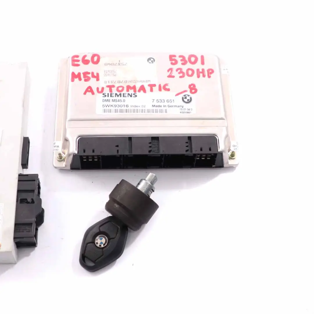 M54 231HP Engine ECU Kit Unit DME + CAS2 + Key Automatic to BMW E60 530i with Part number 7533651 BMW E60 530i M54 231HP Engine ECU Kit Unit DME + CAS2 + Key Automatic - SKU 7533651-8 - Part number 7533651
