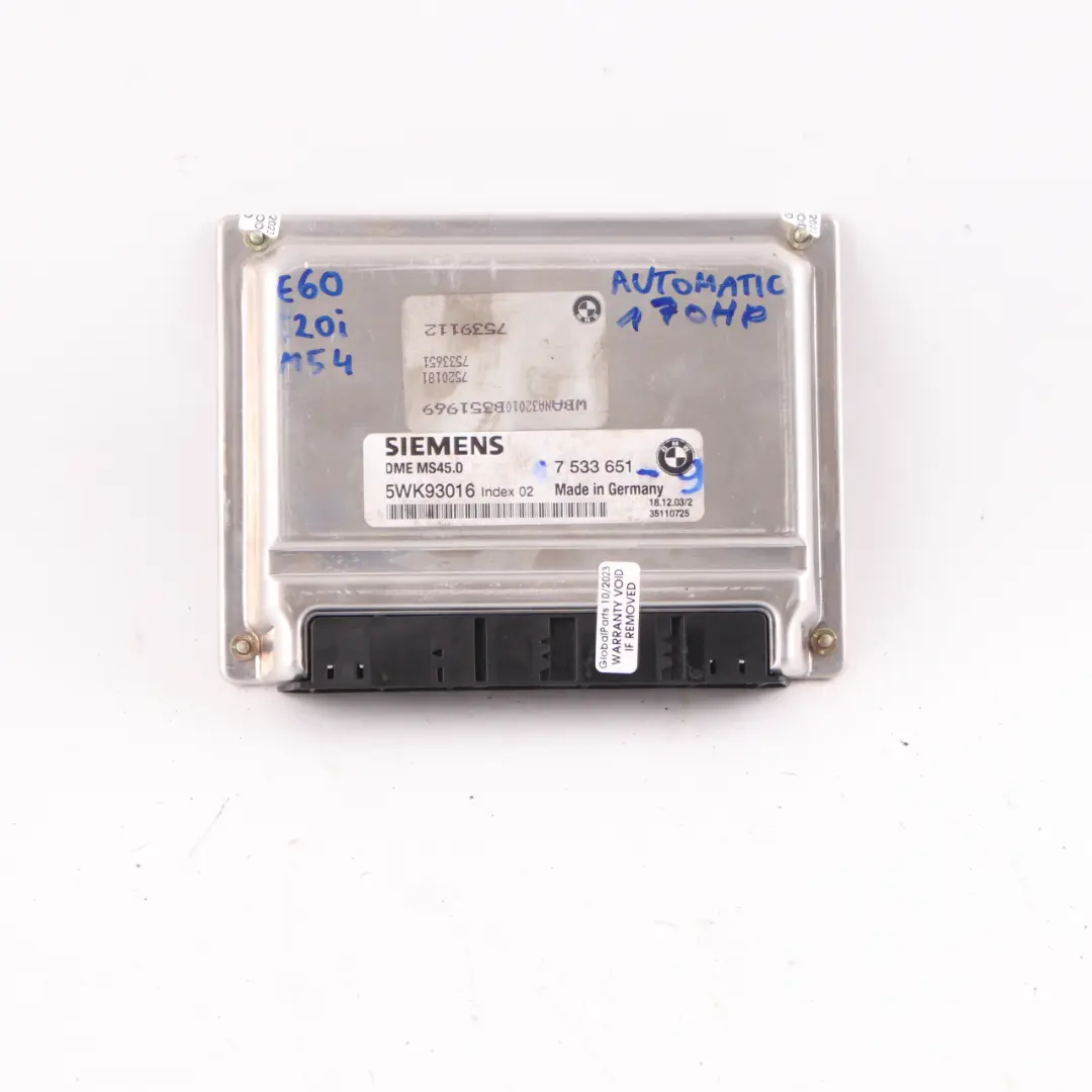 M54 170HP Engine ECU Control Module DME Automatic to BMW E60 520i Petrol with Part number 7533651 BMW E60 520i Petrol M54 170HP Engine ECU Control Module DME Automatic - SKU 7533651-9 - Part number 7533651