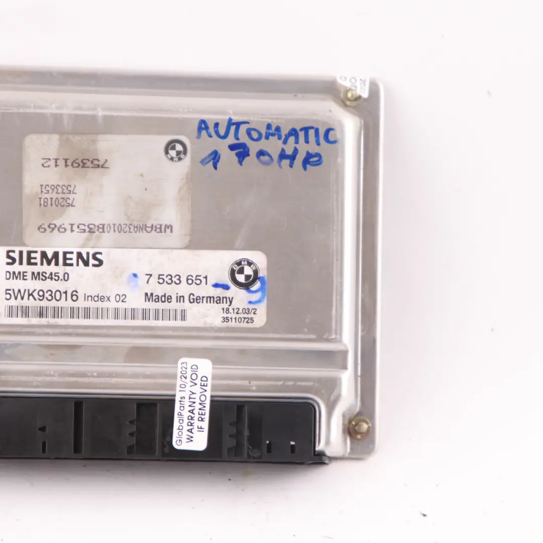 M54 170HP Engine ECU Control Module DME Automatic to BMW E60 520i Petrol with Part number 7533651 BMW E60 520i Petrol M54 170HP Engine ECU Control Module DME Automatic - SKU 7533651-9 - Part number 7533651