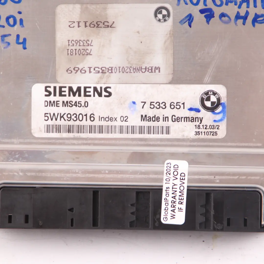M54 170HP Engine ECU Control Module DME Automatic to BMW E60 520i Petrol with Part number 7533651 BMW E60 520i Petrol M54 170HP Engine ECU Control Module DME Automatic - SKU 7533651-9 - Part number 7533651