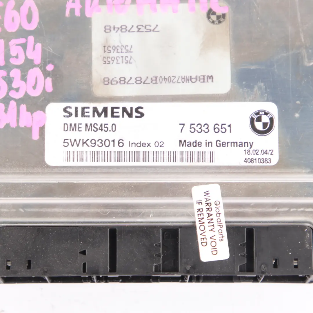 BMW E60 530i Petrol M54 Engine ECU Control Unit Module DME Automatic - SKU 7533651 - Part number 7533651