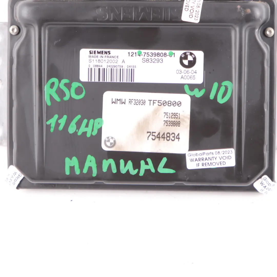 116HP Moteur ECU Control Unit DME Manual pour MINI Cooper R50 R52 1.6i W10 à propos du numéro de pièce 7557395 MINI Cooper R50 R52 1.6i W10 116HP Moteur ECU Control Unit DME Manual - SKU 7539808 - Numéro de pièce 7557395