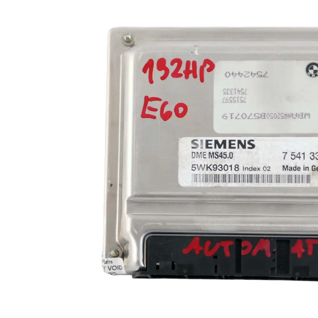 M54 192HP ECU Engine Control Unit DME Automatic to BMW 5 Series E60 525i with Part number 7541335 BMW 5 Series E60 525i M54 192HP ECU Engine Control Unit DME Automatic - SKU 7541335-2 - Part number 7541335