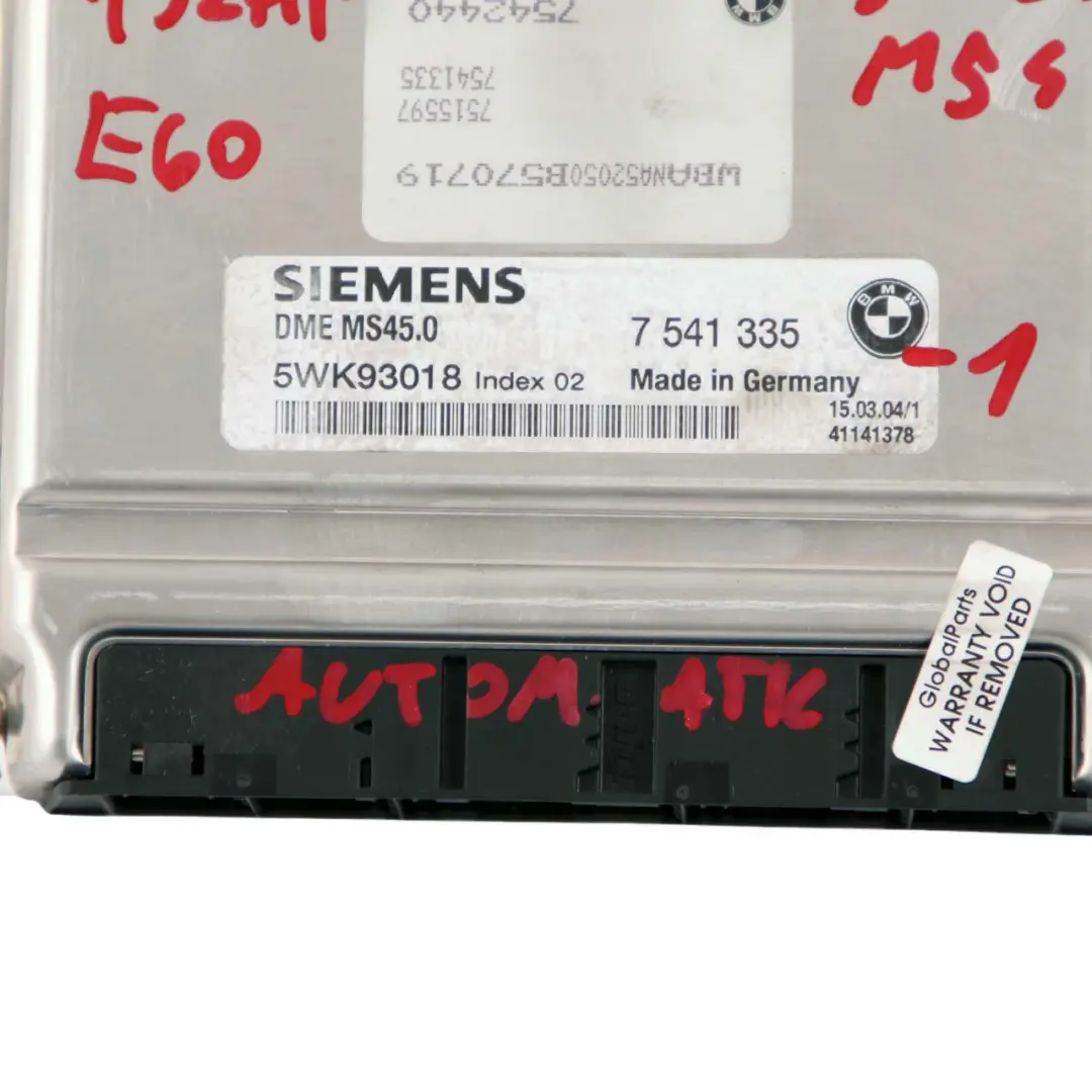 M54 192HP ECU Engine Control Unit DME Automatic to BMW 5 Series E60 525i with Part number 7541335 BMW 5 Series E60 525i M54 192HP ECU Engine Control Unit DME Automatic - SKU 7541335-2 - Part number 7541335