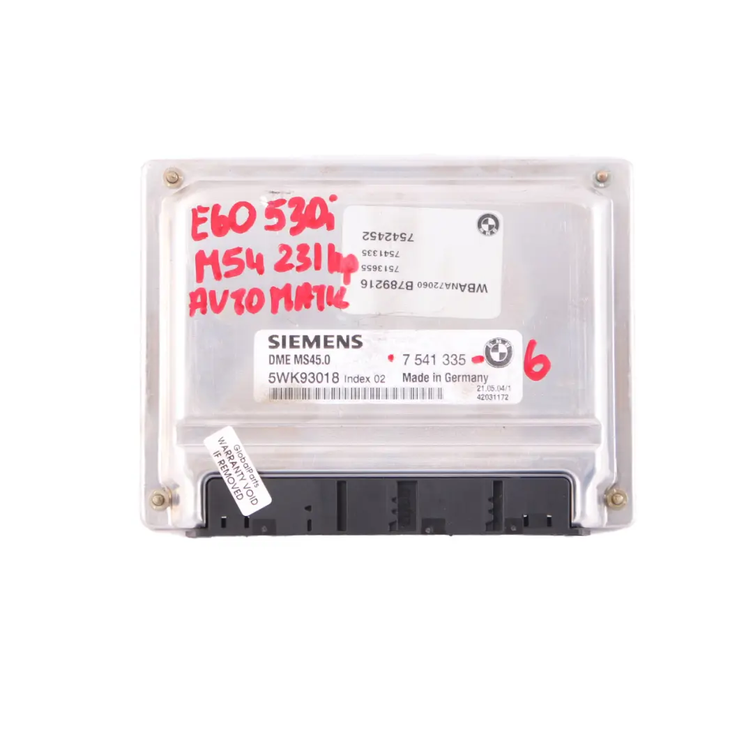 M54 231HP Engine Control ECU Kit DME CAS2 Key Automatic to BMW E60 530i with Part number 7541335 BMW E60 530i M54 231HP Engine Control ECU Kit DME CAS2 Key Automatic - SKU 7541335-7 - Part number 7541335
