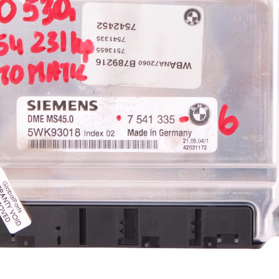 BMW E60 530i M54 231HP Engine Control ECU Kit DME CAS2 Key Automatic - SKU 7541335-7 - Part number 7541335
