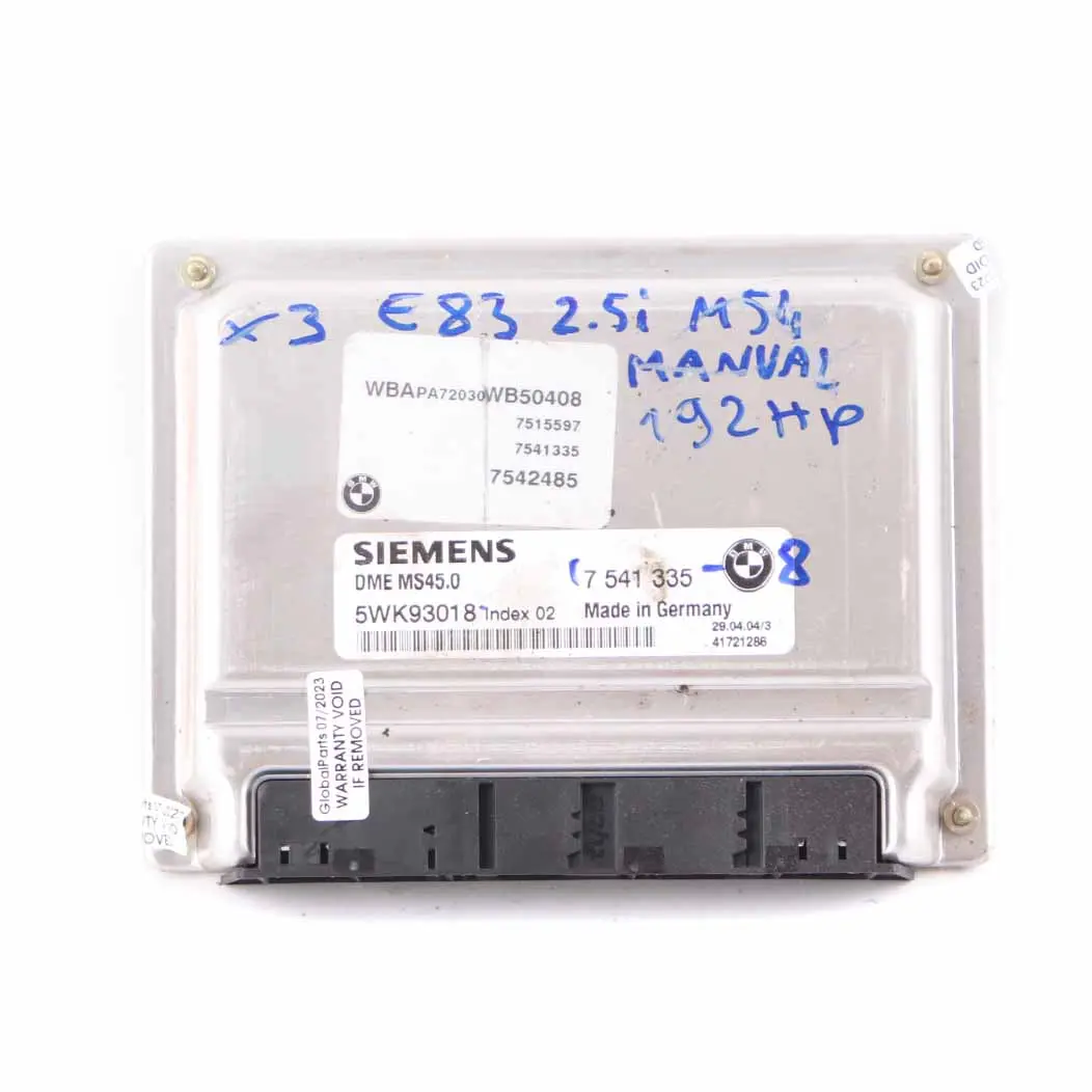M54 2.5i 192HP Engine Control Unit ECU DME Manual to BMW X3 E83 with Part number 7541335 BMW X3 E83 M54 2.5i 192HP Engine Control Unit ECU DME Manual - SKU 7541335-8 - Part number 7541335
