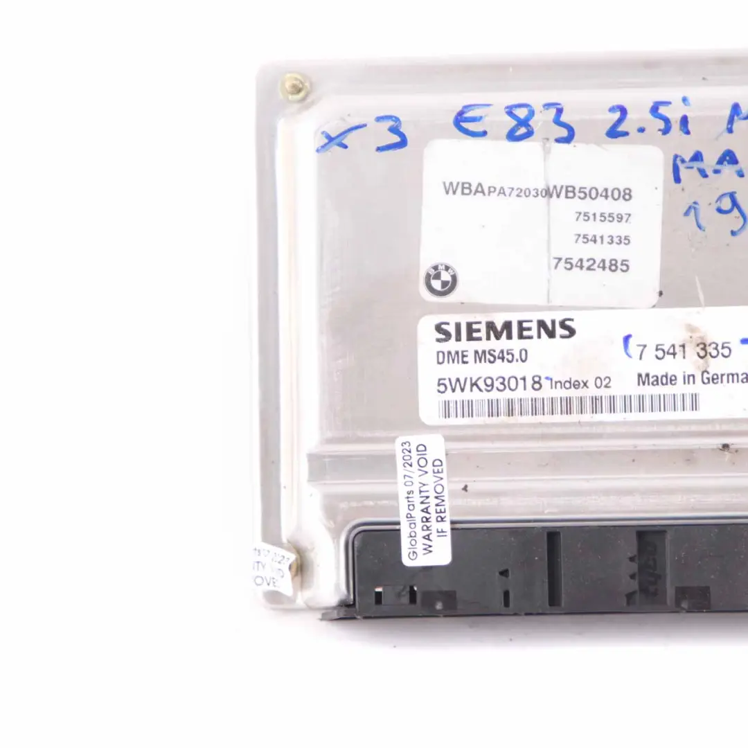 BMW X3 E83 M54 2.5i 192HP Engine Control Unit ECU DME Manual - SKU 7541335-8 - Part number 7541335