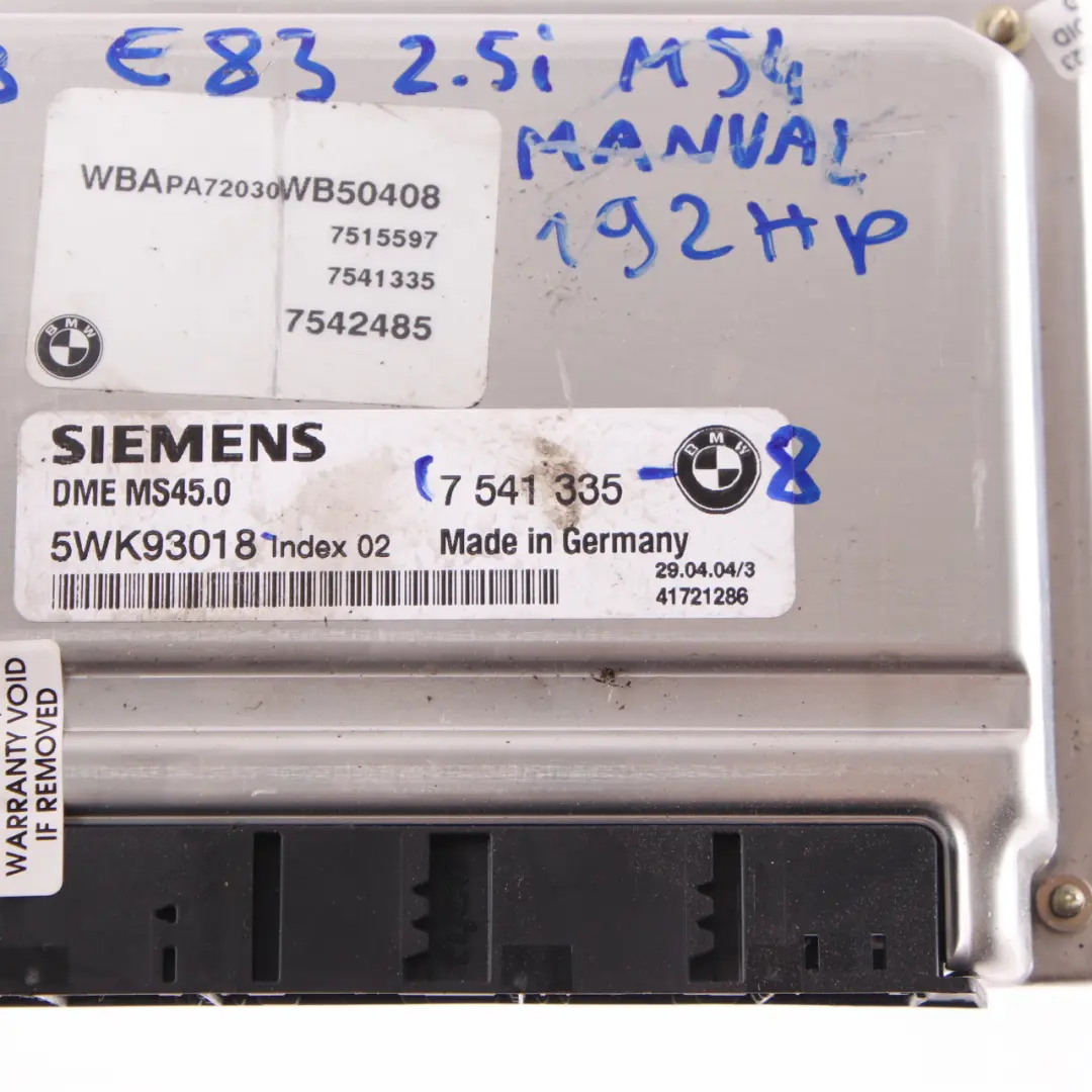 M54 2.5i 192HP Engine Control Unit ECU DME Manual to BMW X3 E83 with Part number 7541335 BMW X3 E83 M54 2.5i 192HP Engine Control Unit ECU DME Manual - SKU 7541335-8 - Part number 7541335