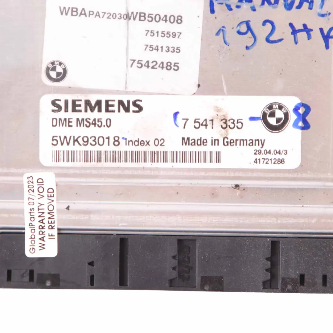 BMW X3 E83 M54 2.5i 192HP Unité Contrôle Moteur ECU DME Manuelle - SKU 7541335-8 - Numéro de pièce 7541335