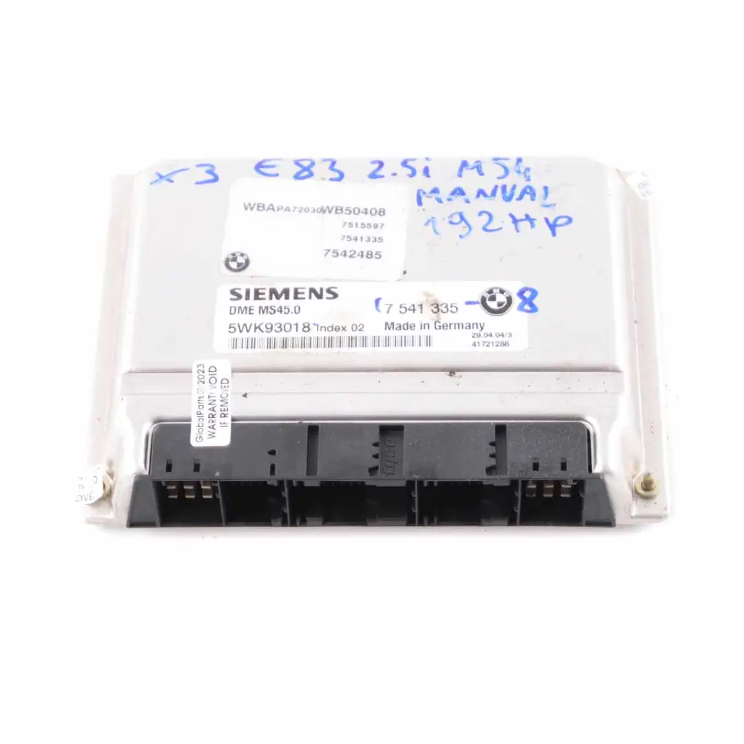 BMW X3 E83 M54 2.5i 192HP Engine Control Unit ECU DME Manual - SKU 7541335-8 - Part number 7541335