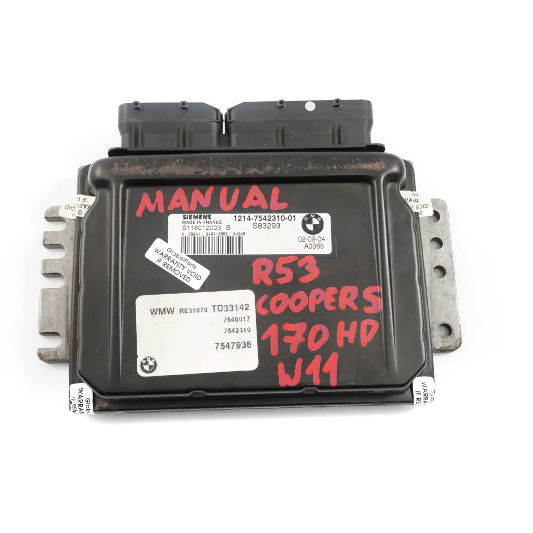 170HP Engine Control Unit ECU DME Manual to MINI Cooper S R52 R53 W11 with Part number 7542310 MINI Cooper S R52 R53 W11 170HP Engine Control Unit ECU DME Manual - SKU 7542310-1 - Part number 7542310