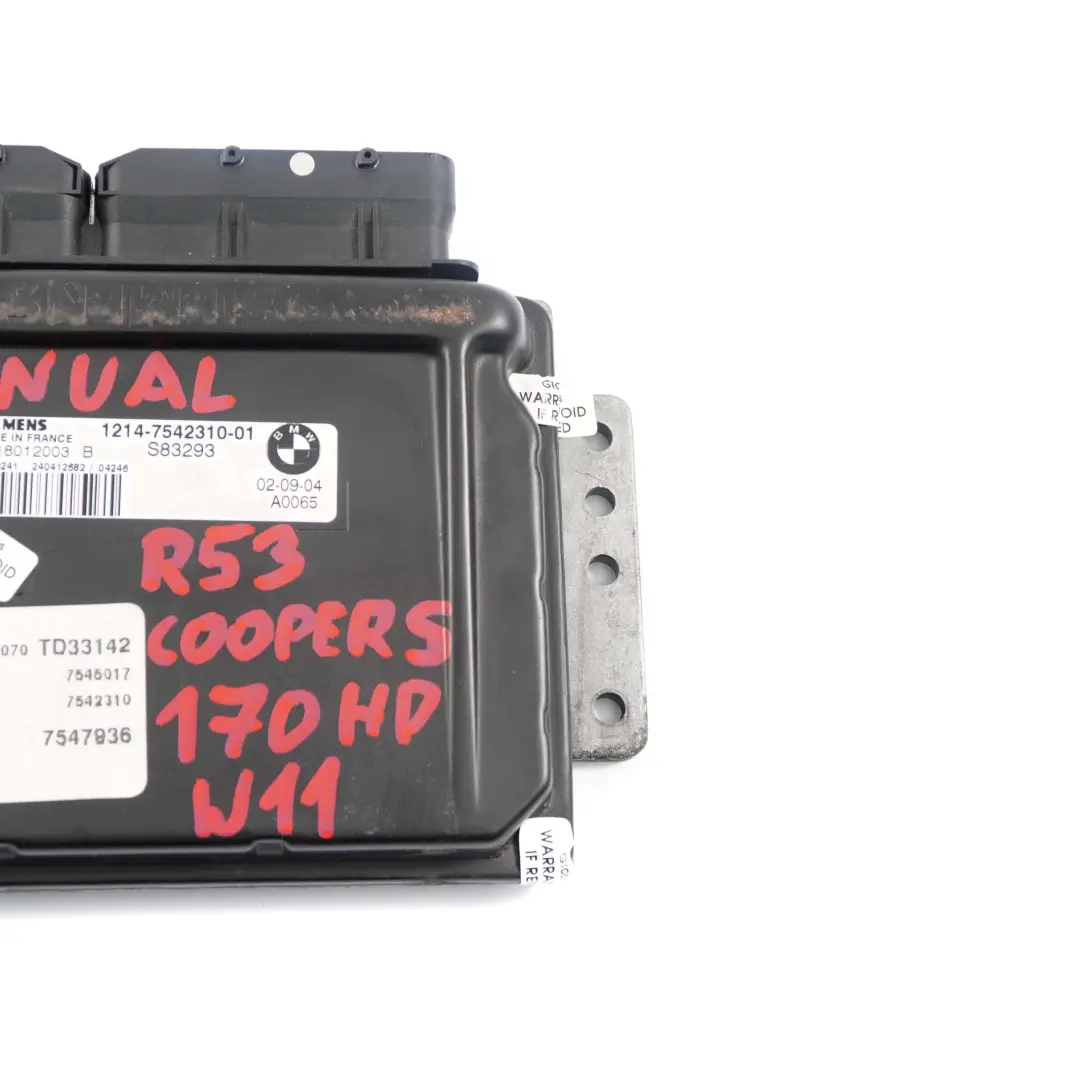170PS Steuergerät ECU DME Schaltgetriebe für MINI Cooper S R52 R53 W11 mit Teilenummer 7542310 MINI Cooper S R52 R53 W11 170PS Steuergerät ECU DME Schaltgetriebe - SKU 7542310-1 - Teilenummer 7542310
