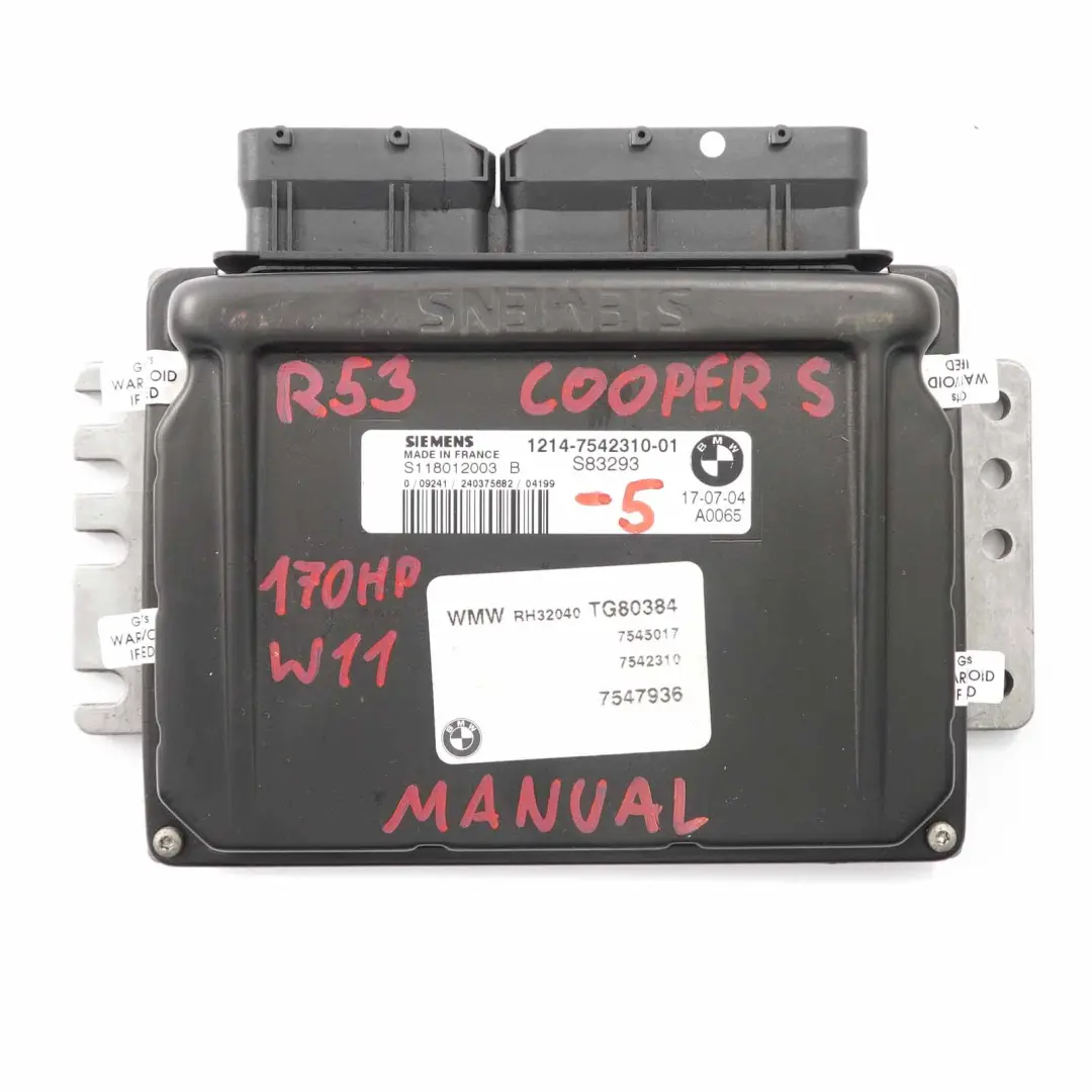 Mini Cooper S R52 R53 W11 Petrol Engine ECU Kit DME Keys EWS Manual - SKU 7542310-5 - Part number 7542310