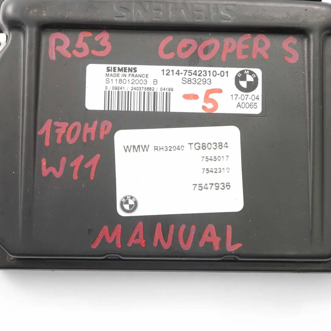 Mini Cooper S R52 R53 W11 Petrol Engine ECU Kit DME Keys EWS Manual - SKU 7542310-5 - Part number 7542310