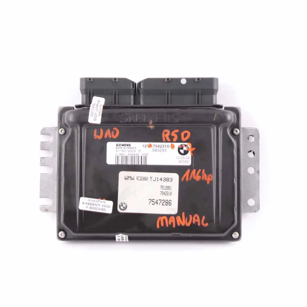 Mini Cooper R50 W10 Petrol Module de contrôle du moteur ECU DME 7542310 Manual