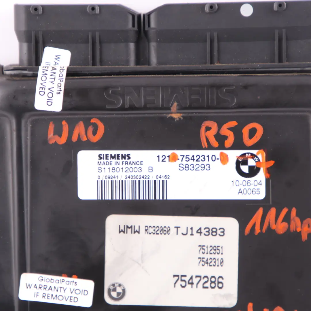 Module de contrôle du moteur ECU DME Manual pour Mini Cooper R50 W10 Petrol à propos du numéro de pièce 7542310 Mini Cooper R50 W10 Petrol Module de contrôle du moteur ECU DME Manual - SKU 7542310-7 - Numéro de pièce 7542310