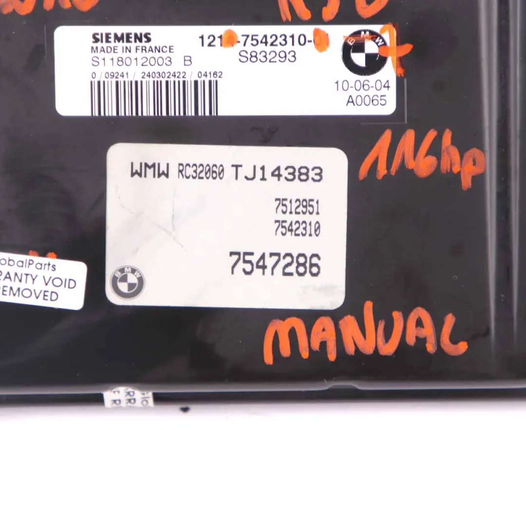 Benzina Modulo Unità di Controllo Motore DME Manuale per Mini Cooper R50 W10 con numero di parte 7542310 Mini Cooper R50 W10 Benzina Modulo Unità di Controllo Motore DME Manuale - SKU 7542310-7 - Numero di parte 7542310