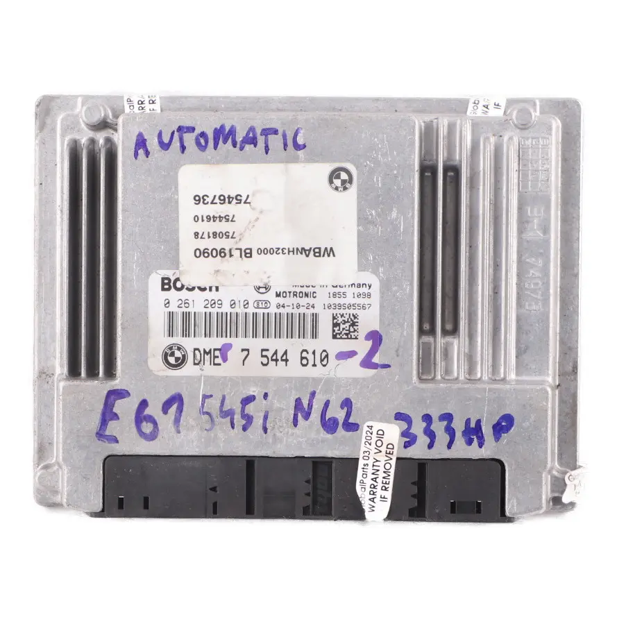 645Ci N62 333HP Engine Control Unit ECU DME to BMW E60 E61 545i E63 with Part number 7544610 BMW E60 E61 545i E63 645Ci N62 333HP Engine Control Unit ECU DME - SKU 7544610-2 - Part number 7544610