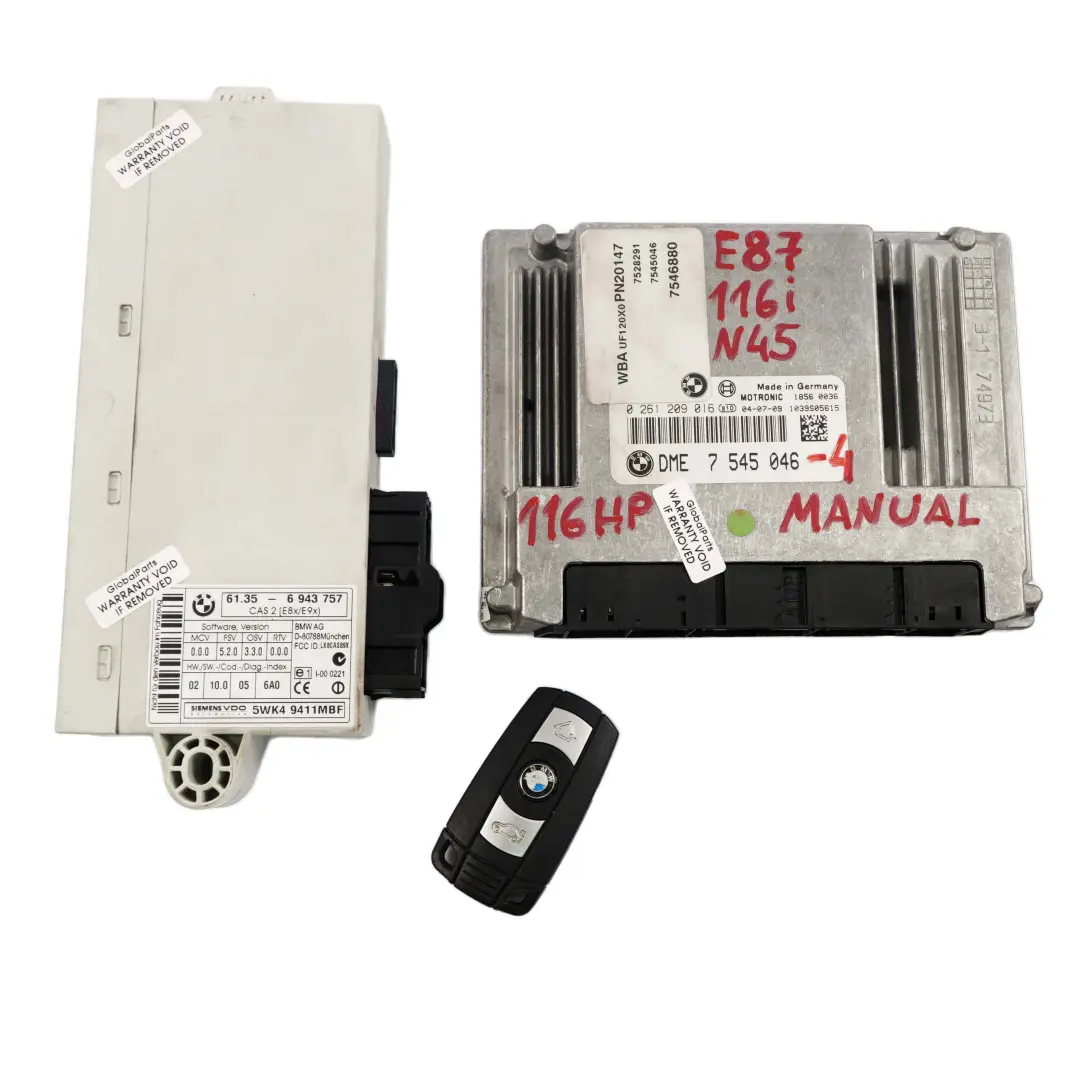 N45 116HP Petrol ECU Kit DME CAS 2 + Key Manual to BMW E87 E90 116i 316i with Part number 7545046 BMW E87 E90 116i 316i N45 116HP Petrol ECU Kit DME CAS 2 + Key Manual - SKU 7545046-4 - Part number 7545046