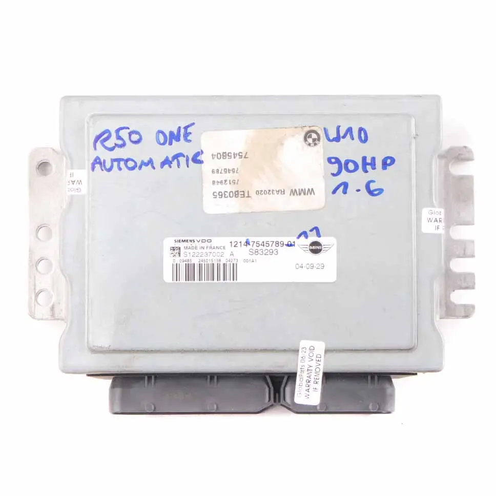 90HP Engine ECU Control Unit DME Automatic to Mini One R50 R52 W10 1.6 with Part number 7545789 Mini One R50 R52 W10 1.6 90HP Engine ECU Control Unit DME Automatic - SKU 7545789-11 - Part number 7545789