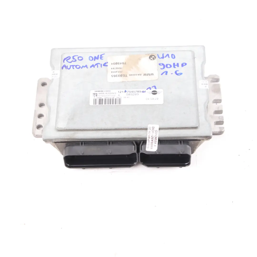 90HP Engine ECU Control Unit DME Automatic to Mini One R50 R52 W10 1.6 with Part number 7545789 Mini One R50 R52 W10 1.6 90HP Engine ECU Control Unit DME Automatic - SKU 7545789-11 - Part number 7545789