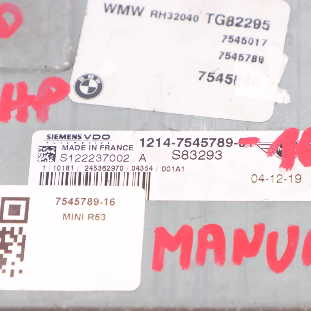 170HP Motor Kit ECU DME EWS Clave Manual para Mini Cooper S R50 R53 W11 con número de pieza 7545789 Mini Cooper S R50 R53 W11 170HP Motor Kit ECU DME EWS Clave Manual - SKU 7545789-16 - Número de pieza 7545789