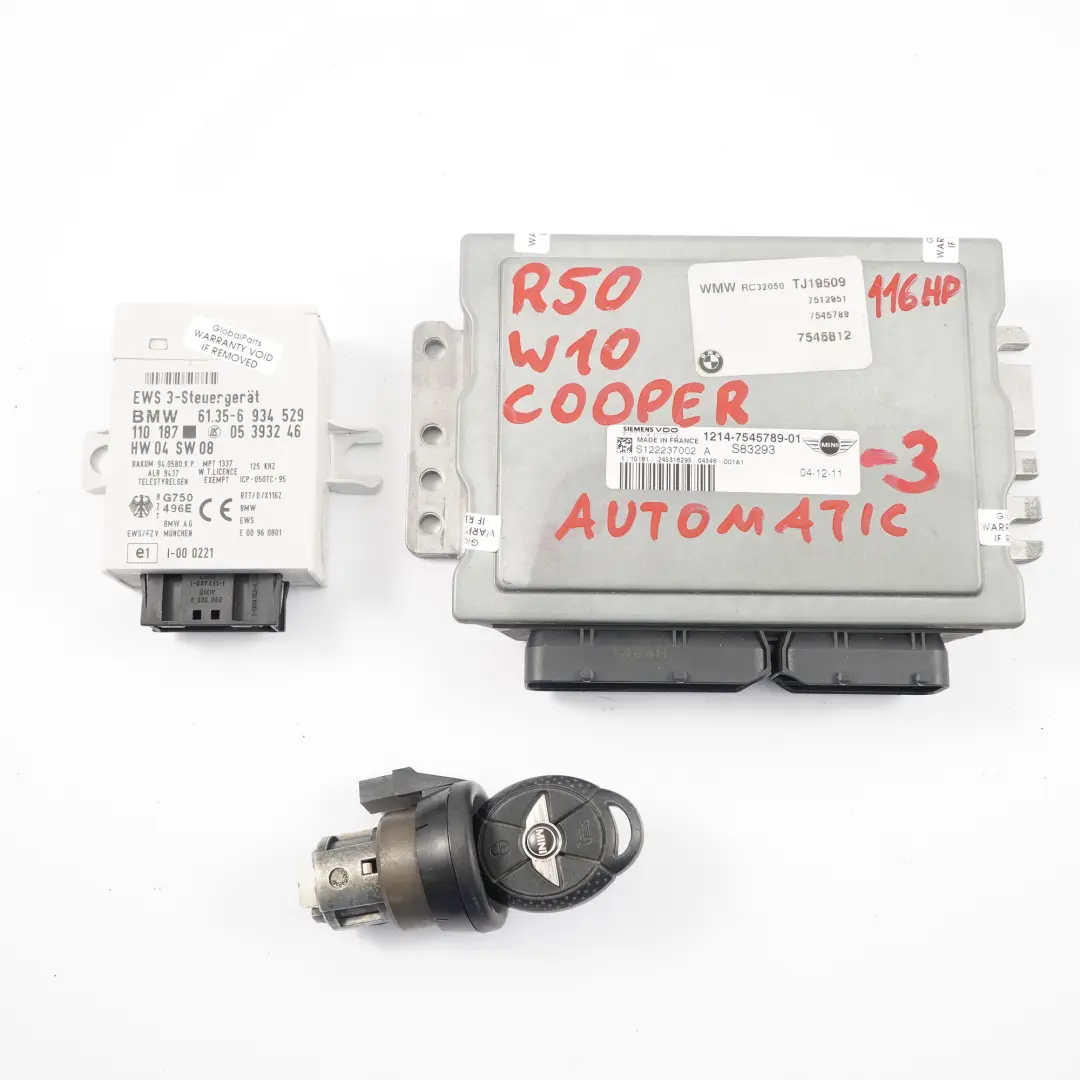 116HP Motor Kit ECU DME + EWS + Llave Automatico para MINI Cooper R50 W10 con número de pieza 7545789 MINI Cooper R50 W10 116HP Motor Kit ECU DME + EWS + Llave Automatico - SKU 7545789-3 - Número de pieza 7545789