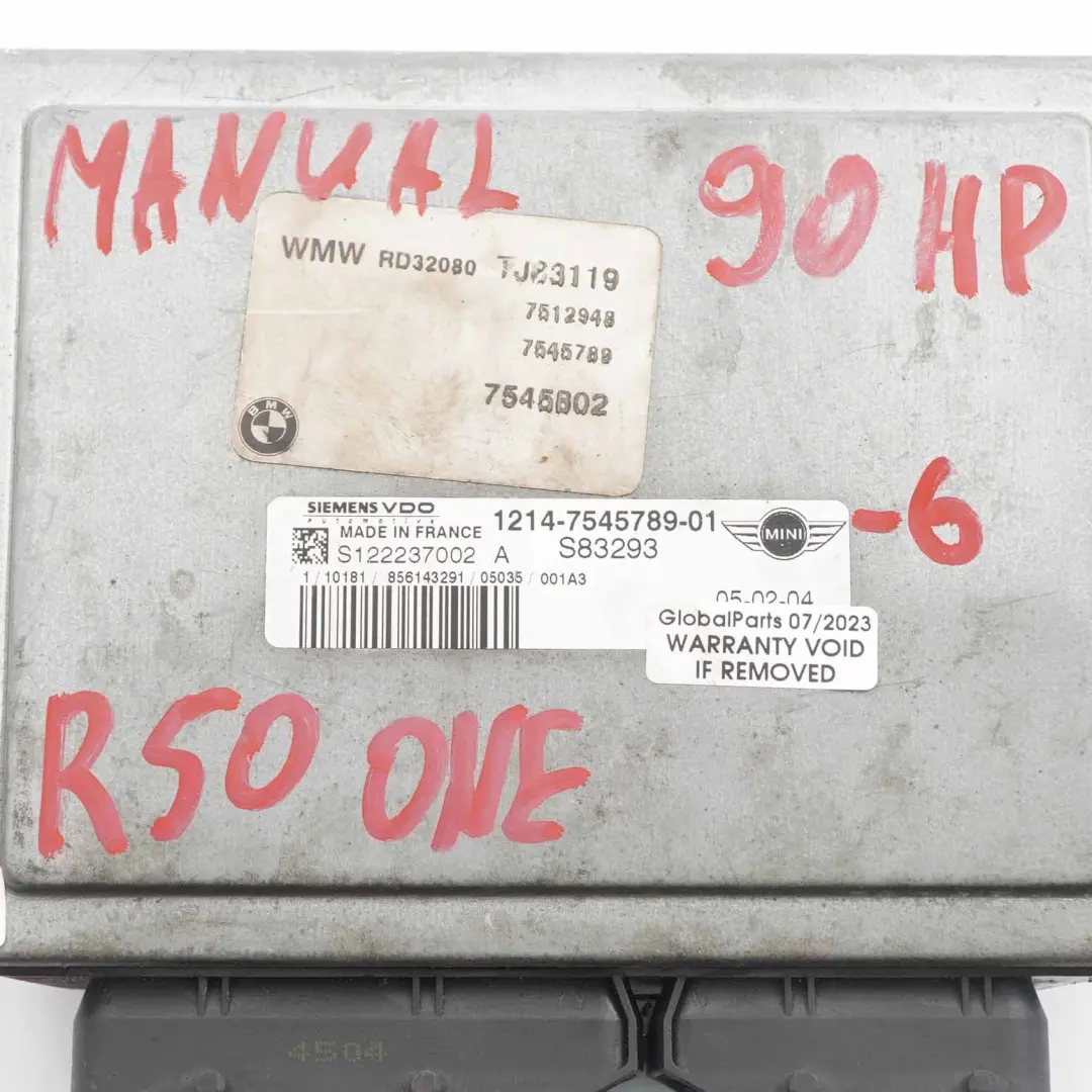 90HP Engine Control Unit ECU DME Manual Transmission to Mini One R50 W10 with Part number 7545789 Mini One R50 W10 90HP Engine Control Unit ECU DME Manual Transmission - SKU 7545789-6 - Part number 7545789