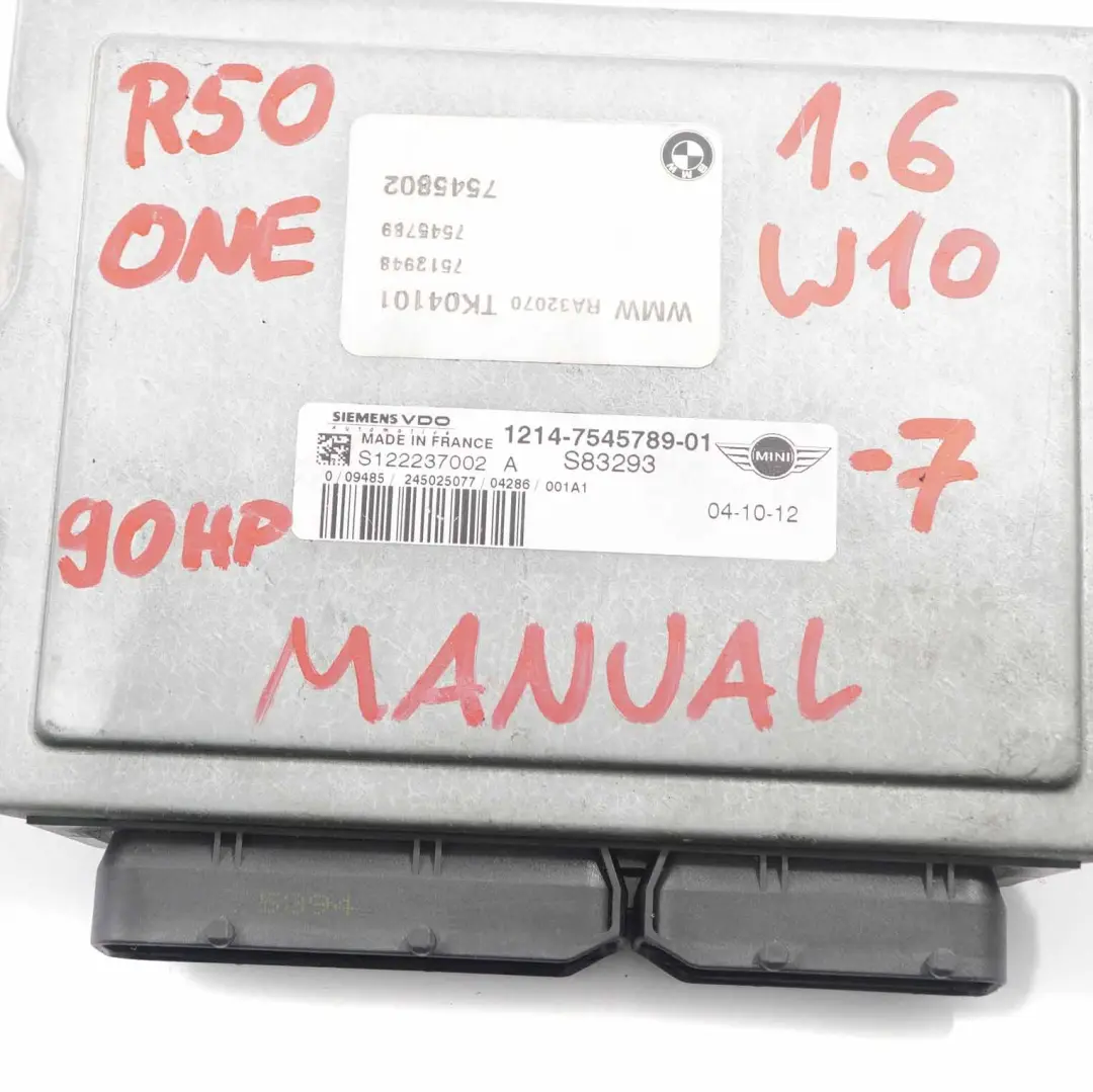 Mini One R50 W10 90HP Engine Control Unit ECU Kit DME + EWS + Key Manual - SKU 7545789-7 - Part number 7545789