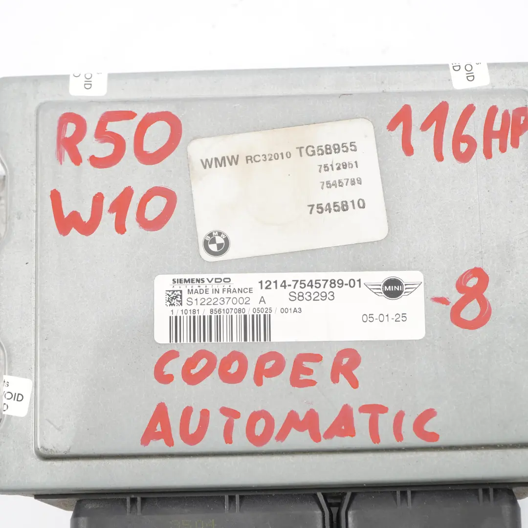 Unité De Contrôle Du Moteur Mini R50 R52 W10 ECU DME Automatique pour à propos du numéro de pièce 7545789 Unité De Contrôle Du Moteur Mini R50 R52 W10 ECU DME Automatique - SKU 7545789-8 - Numéro de pièce 7545789