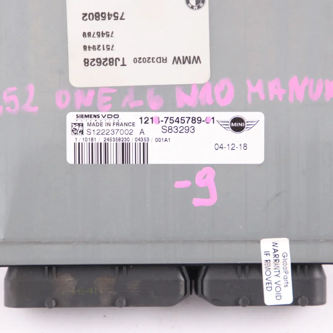 MINI One 1.6 R50 R52 W10 90HP Motor Kit ECU DME EWS Llave Manual - SKU 7545789-9 - Número de pieza 7545789