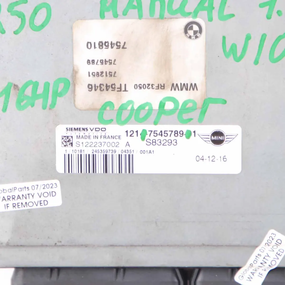 116HP Moteur ECU Unité contrôle DME Manuel pour MINI Cooper R50 R52 R53 W10 à propos du numéro de pièce 7545789 MINI Cooper R50 R52 R53 W10 116HP Moteur ECU Unité contrôle DME Manuel - SKU 7545789 - Numéro de pièce 7545789
