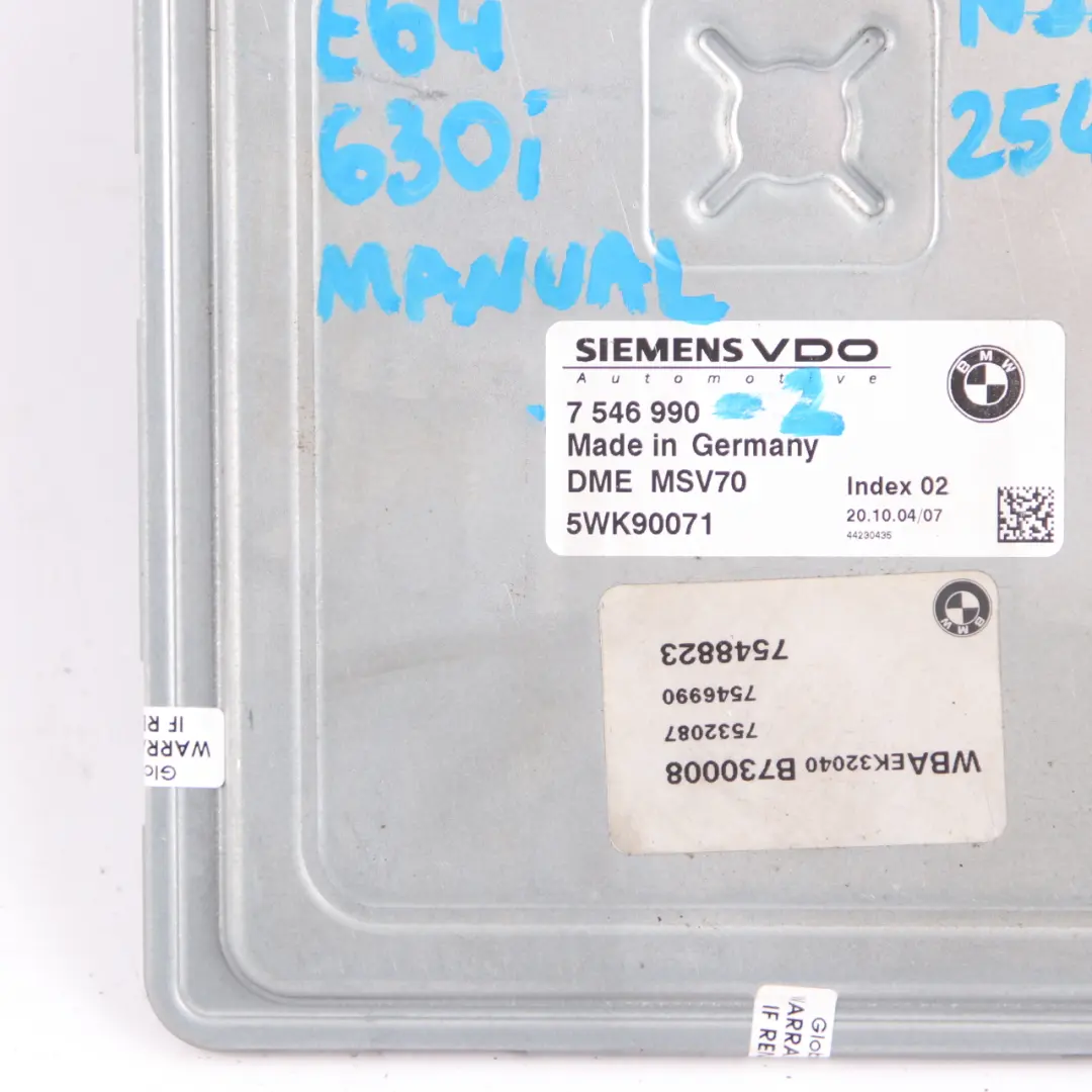 BMW E60 E63 E64 530i 630i N52 258HP ECU Kit DME + CAS2 + Key Manual - SKU 7546990-2 - Part number 7546990
