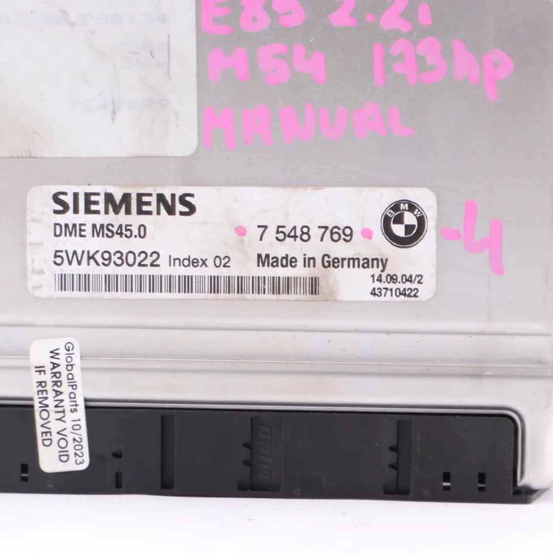 M54 173HP Engine Control Unit ECU DME Manual to BMW Z4 E85 2.2i Petrol with Part number 7548769 BMW Z4 E85 2.2i Petrol M54 173HP Engine Control Unit ECU DME Manual - SKU 7548769-4 - Part number 7548769