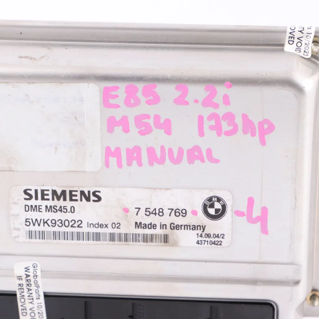 M54 173HP Engine Control Unit ECU DME Manual to BMW Z4 E85 2.2i Petrol with Part number 7548769 BMW Z4 E85 2.2i Petrol M54 173HP Engine Control Unit ECU DME Manual - SKU 7548769-4 - Part number 7548769